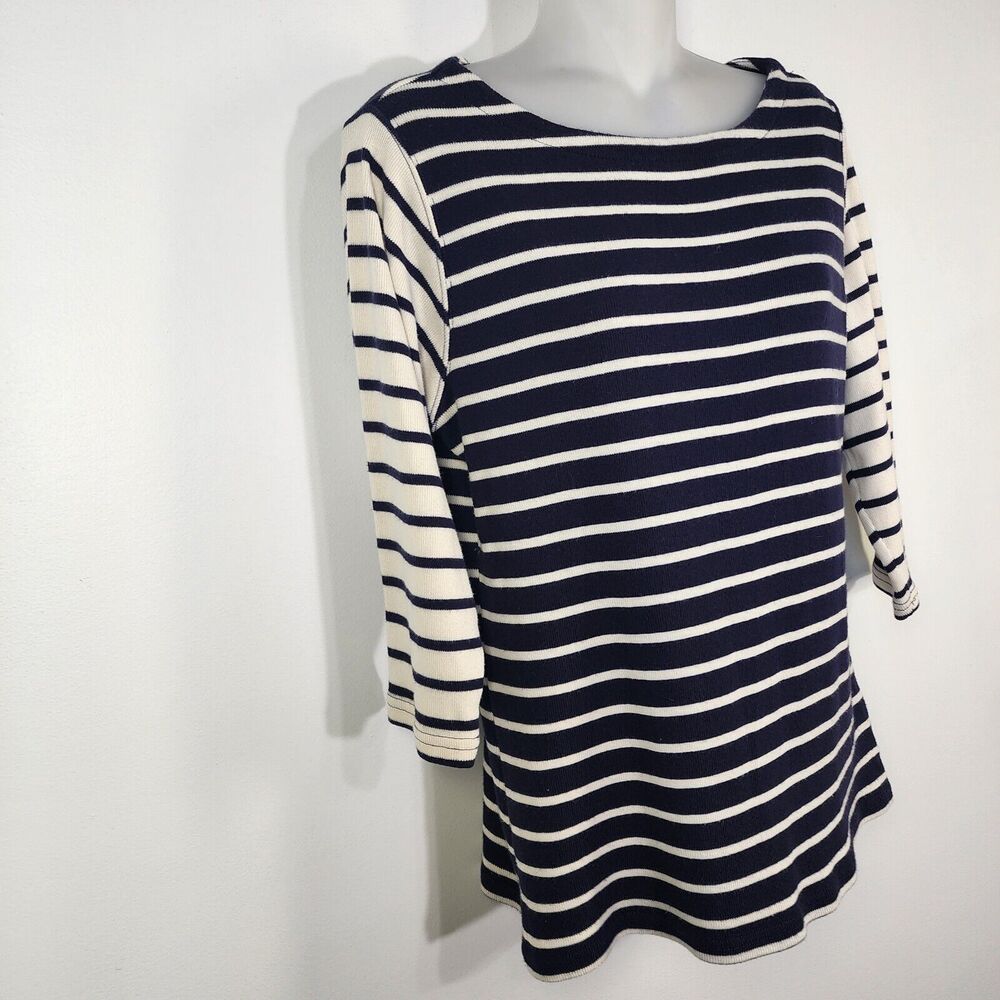 LL Bean Womens Top Small Reg French Sailor Knit Blue Stripe 3/4 Sleeve Boatneck - Picture 4 of 8